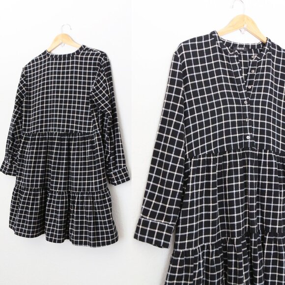 Madewell Flannel Button-Placket Tiered Mini Dress Windowpane Plaid Black S $118 - Picture 14 of 16